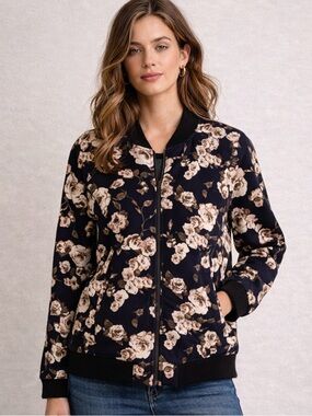 Floral Bomber Jacket in Navy and Cream - Women